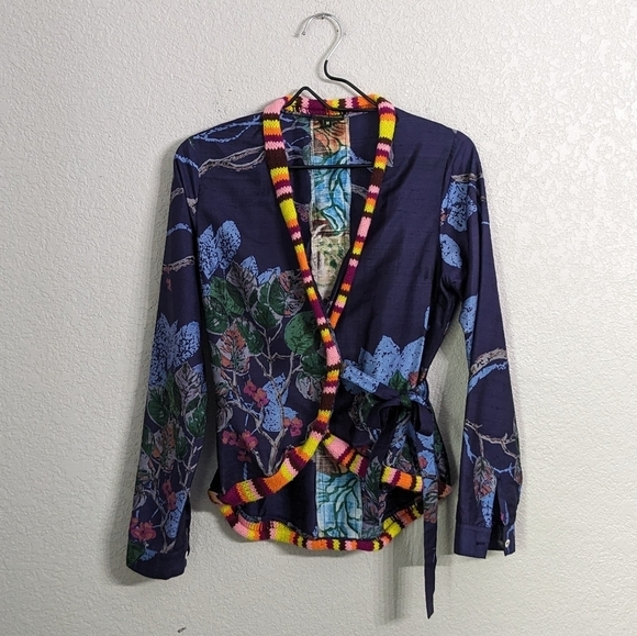 Aoyama Itchome Women 100% Pure Silk Blue Floral Wrap Jacket Lightweight Size M - Picture 2 of 8
